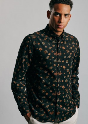 Black Ben Sherman Retro Floral Print Corduroy Shirts | 6214-TQWSP