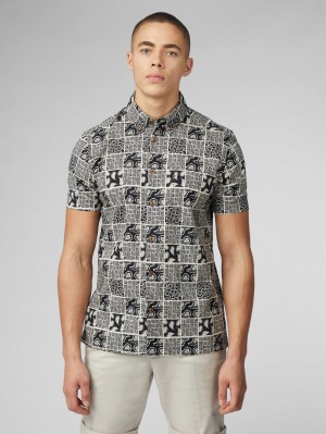 Black Ben Sherman Signature Checkerboard Paisley Print Shirts | 7546-VLHMZ