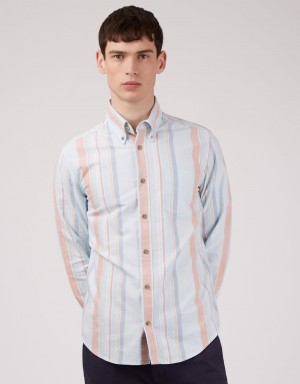 Blue Ben Sherman The Oxford Ivy Stripe Long-Sleeve Shirts | 3560-QHKTD