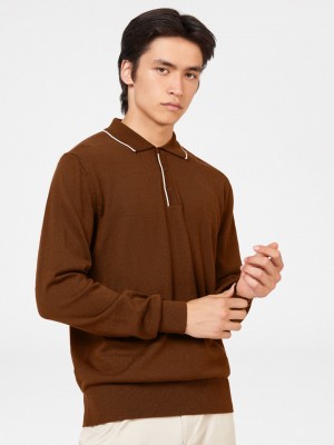 Brown Ben Sherman Tipped Merino Polo Neck Sweaters | 8657-YMFGB