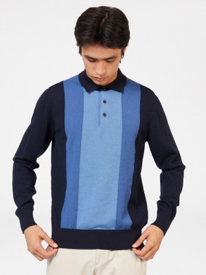 Navy Ben Sherman Block Stripe Merino Polo Neck Sweaters | 6425-BXWJR