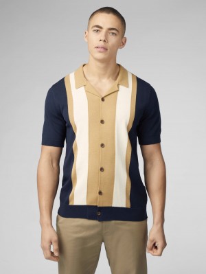 Navy Ben Sherman Signature Resort Neck Button Through Polo Knitwear | 9041-BGFXO