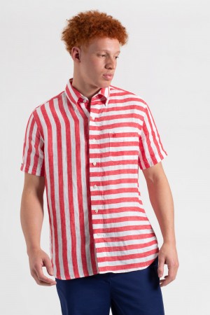 Pink Red Ben Sherman B by Ben Sherman Candy Stripe Linen Short Sleeve Shirts | 4759-BQKOA