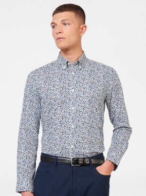 White Ben Sherman Ditsy Floral Print Long Sleeve Shirts | 4853-IXTMP