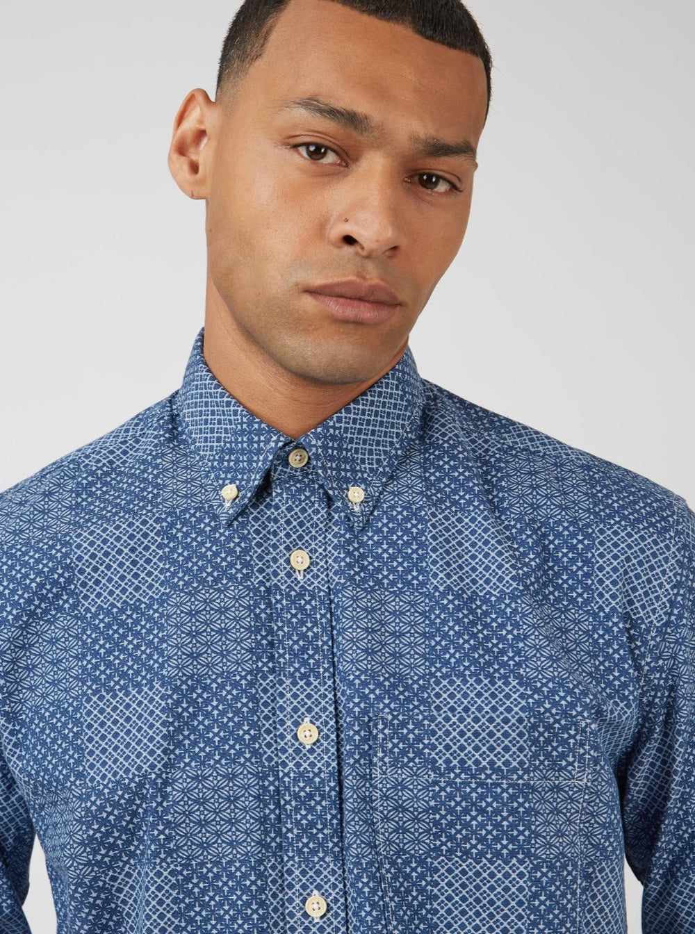 Blue Ben Sherman Chambray Patchwork Geo Print Long-Sleeve Shirts | 7459-LWRPM