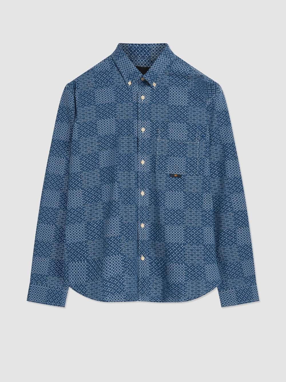 Blue Ben Sherman Chambray Patchwork Geo Print Long-Sleeve Shirts | 7459-LWRPM