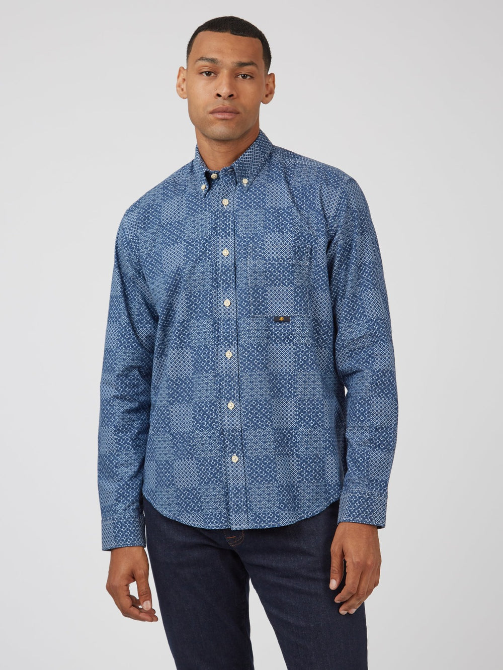 Blue Ben Sherman Chambray Patchwork Geo Print Long-Sleeve Shirts | 7459-LWRPM