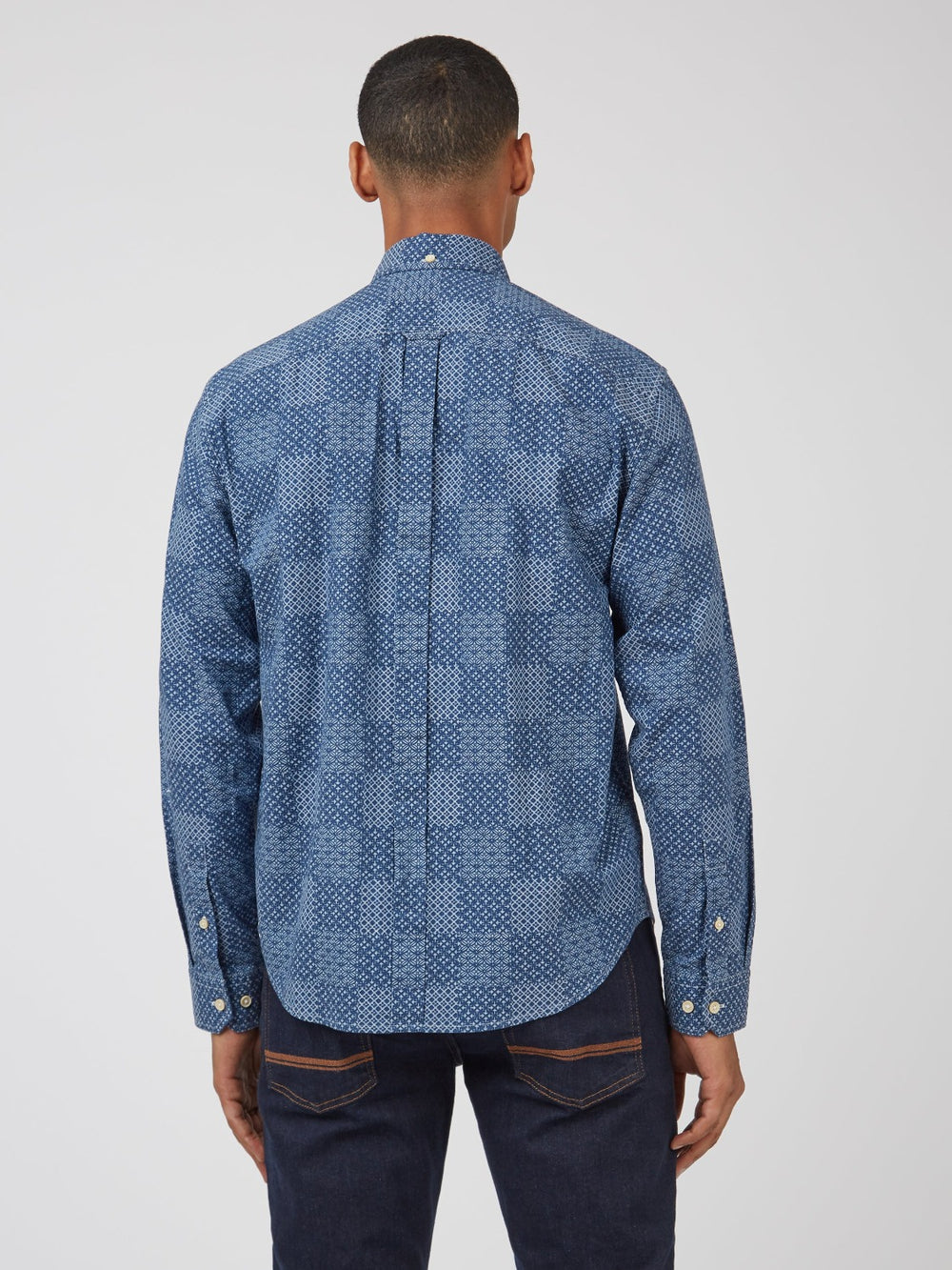 Blue Ben Sherman Chambray Patchwork Geo Print Long-Sleeve Shirts | 7459-LWRPM