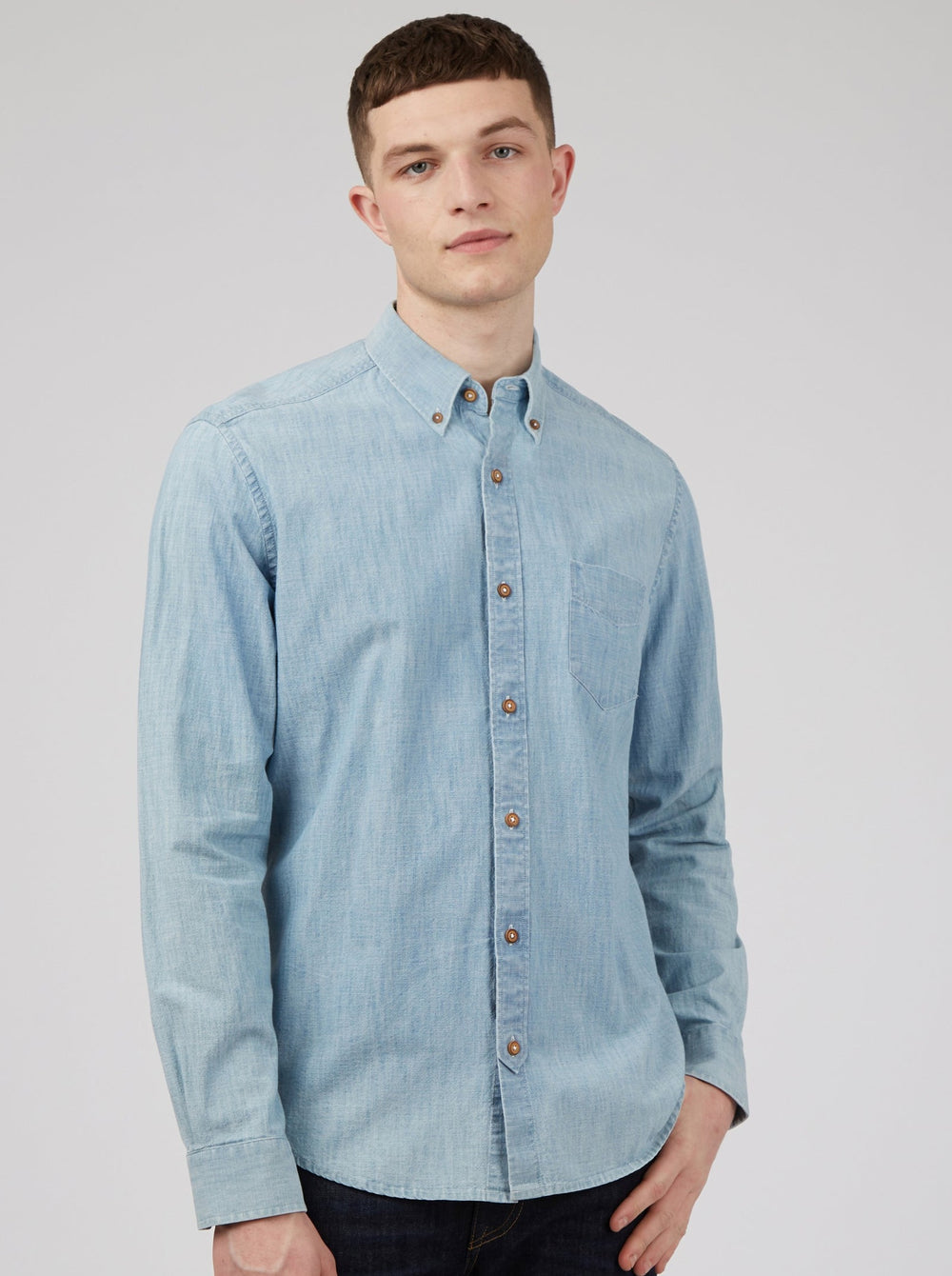 Blue / Navy Ben Sherman Long-Sleeve Chambray Shirts | 2305-BMXPF