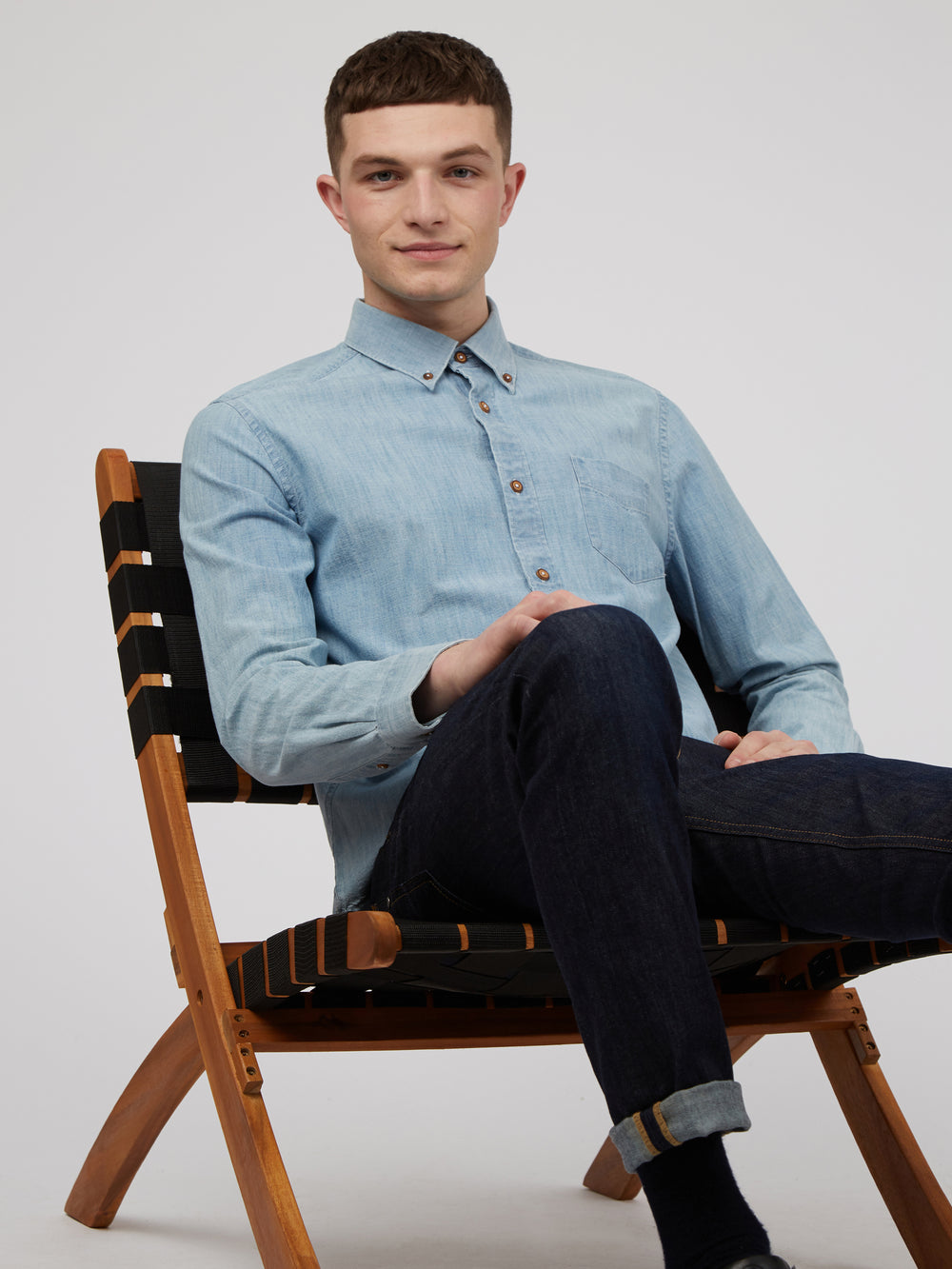 Blue / Navy Ben Sherman Long-Sleeve Chambray Shirts | 2305-BMXPF