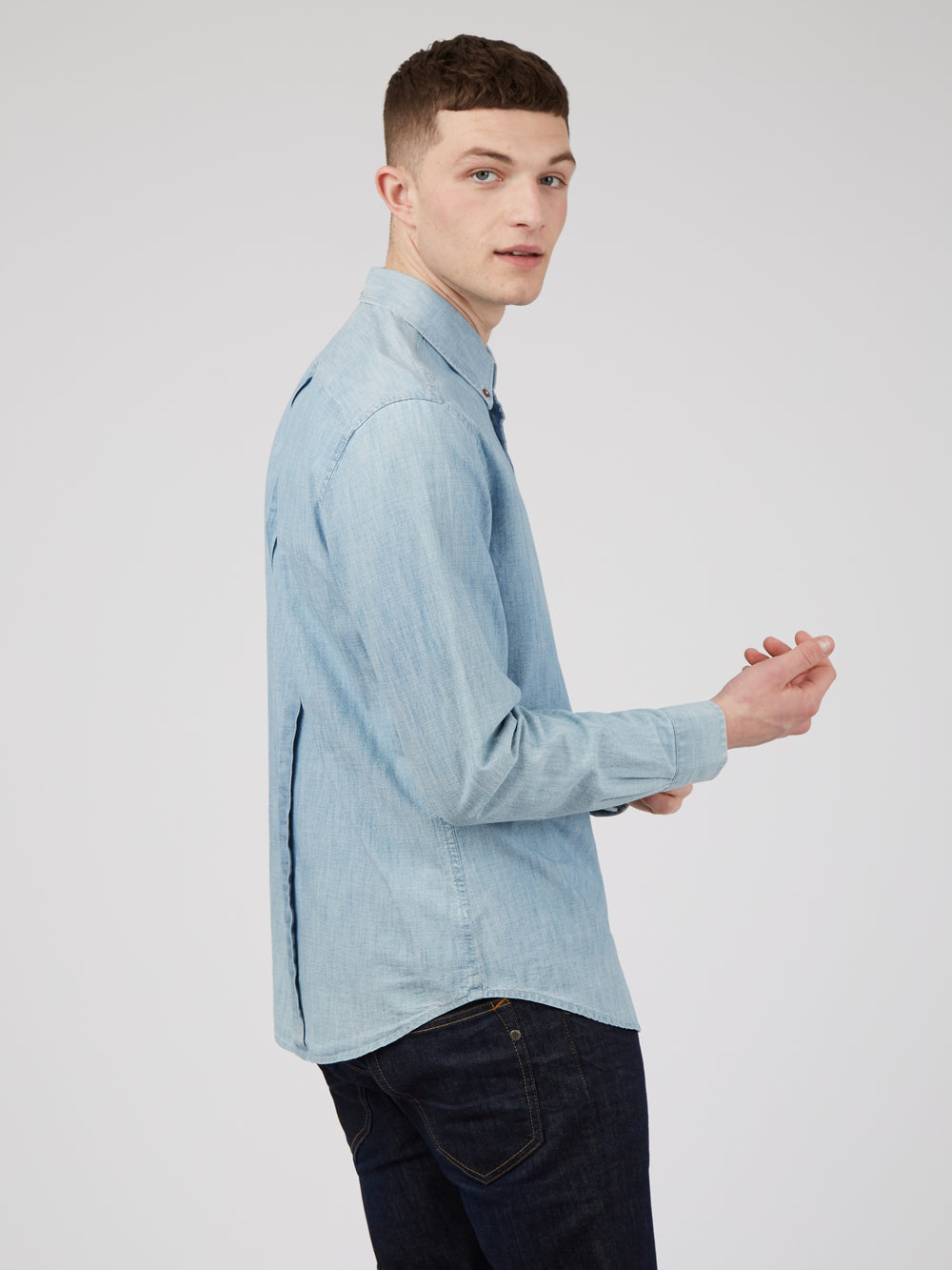 Blue / Navy Ben Sherman Long-Sleeve Chambray Shirts | 2305-BMXPF