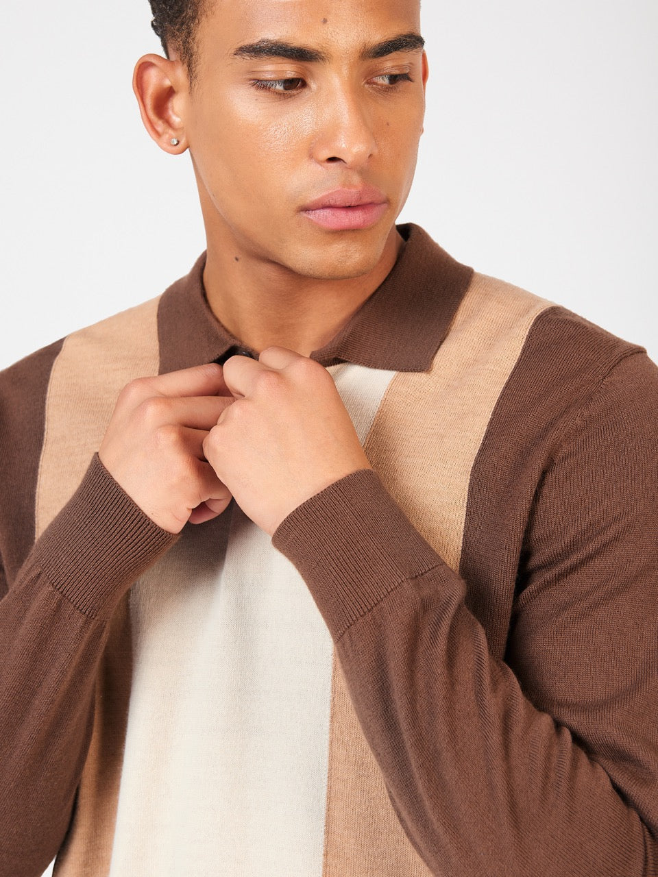 Chocolate Ben Sherman Block Stripe Merino Polo Neck Sweaters | 5147-MXGUH