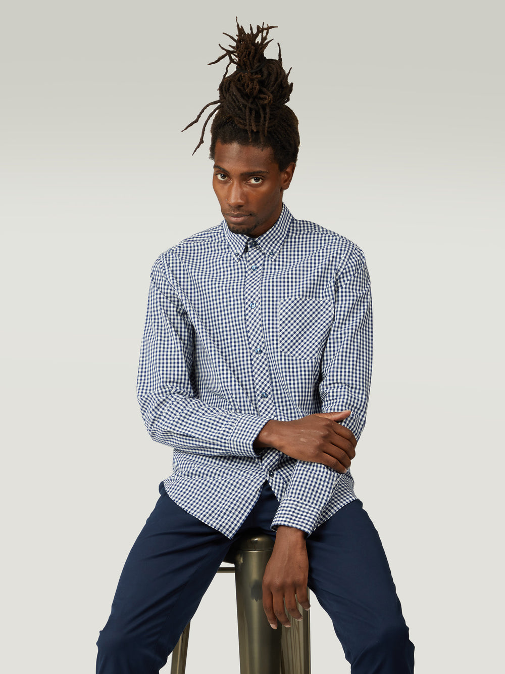 Dark Blue Ben Sherman Signature Long-Sleeve Gingham Shirts | 2307-MIKJS