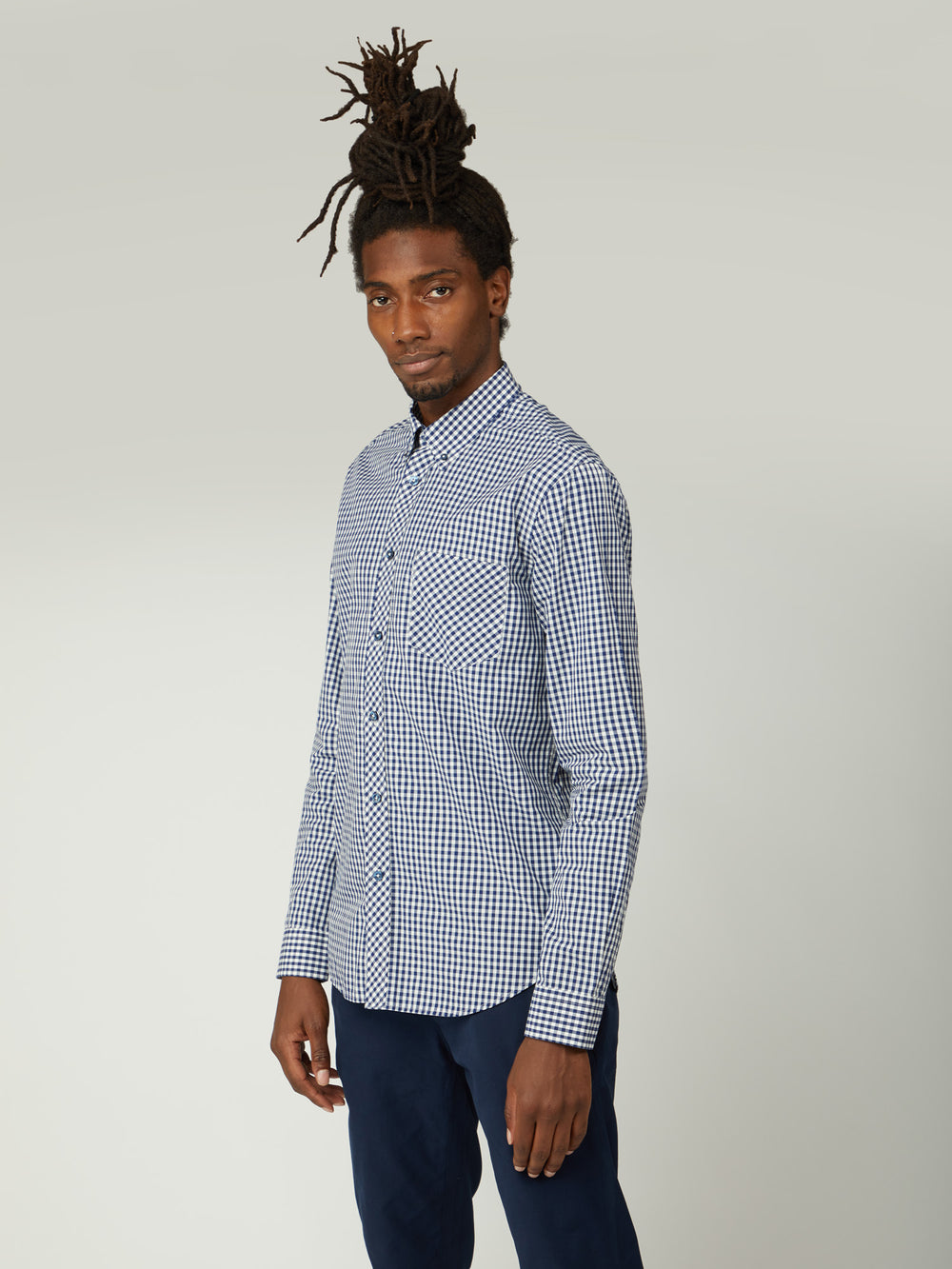 Dark Blue Ben Sherman Signature Long-Sleeve Gingham Shirts | 2307-MIKJS