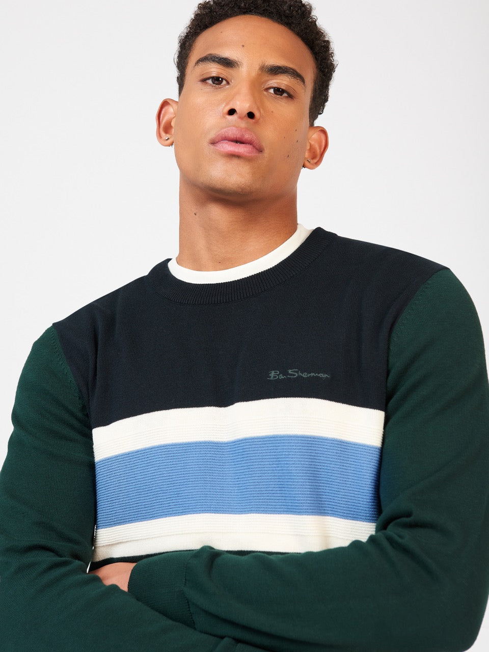 Dark Green Ben Sherman Chest Stripe Crewneck Knitwear | 9283-JFMPO