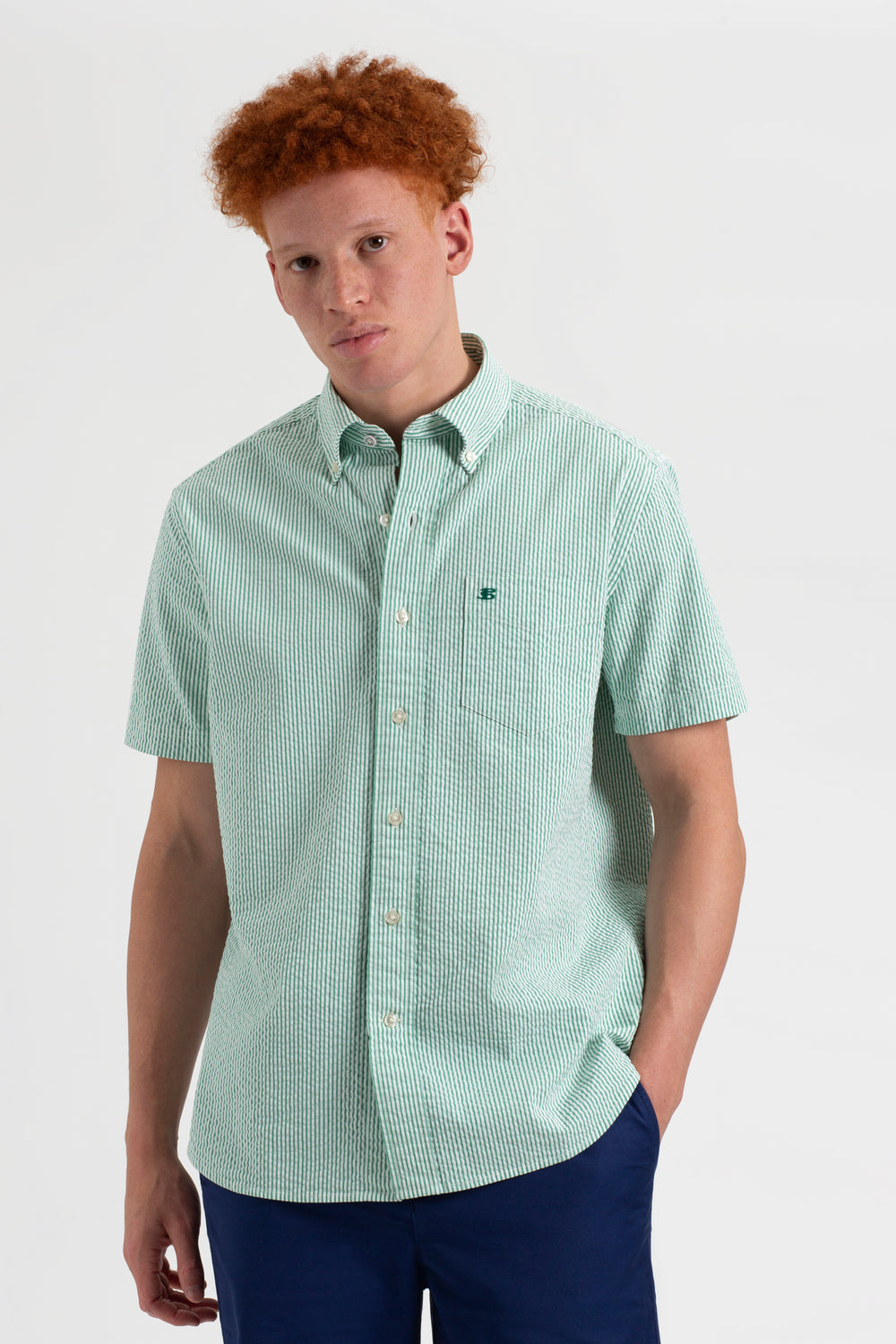 Green Ben Sherman Seersucker Bengal Stripe Shirts | 5976-FOGVD