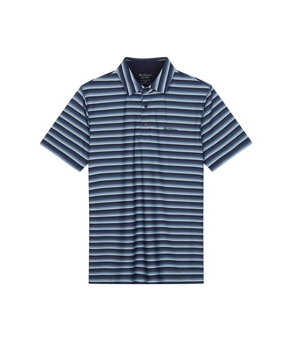 Navy Ben Sherman Multi Stripe Tech Jersey Sports Fit Polo Shirts | 9520-LOIBC