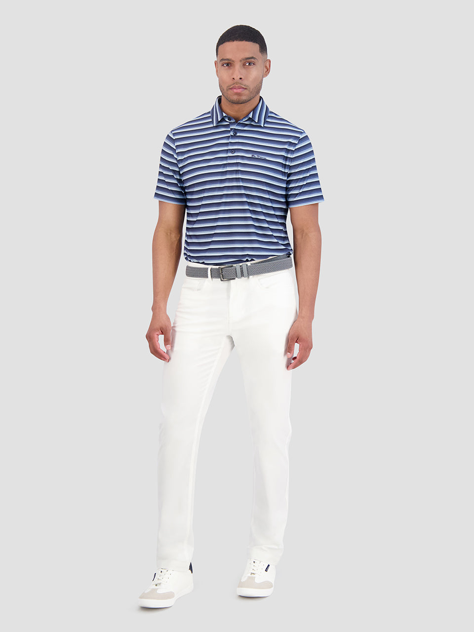 Navy Ben Sherman Multi Stripe Tech Jersey Sports Fit Polo Shirts | 9520-LOIBC