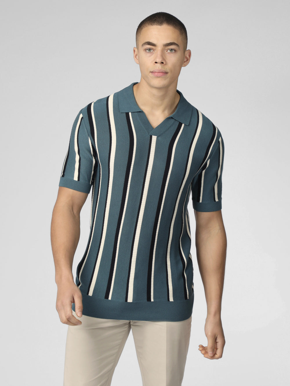 Turquoise Ben Sherman Signature Vertical Stripe Open Neck Polo Knitwear | 3146-MQPVI