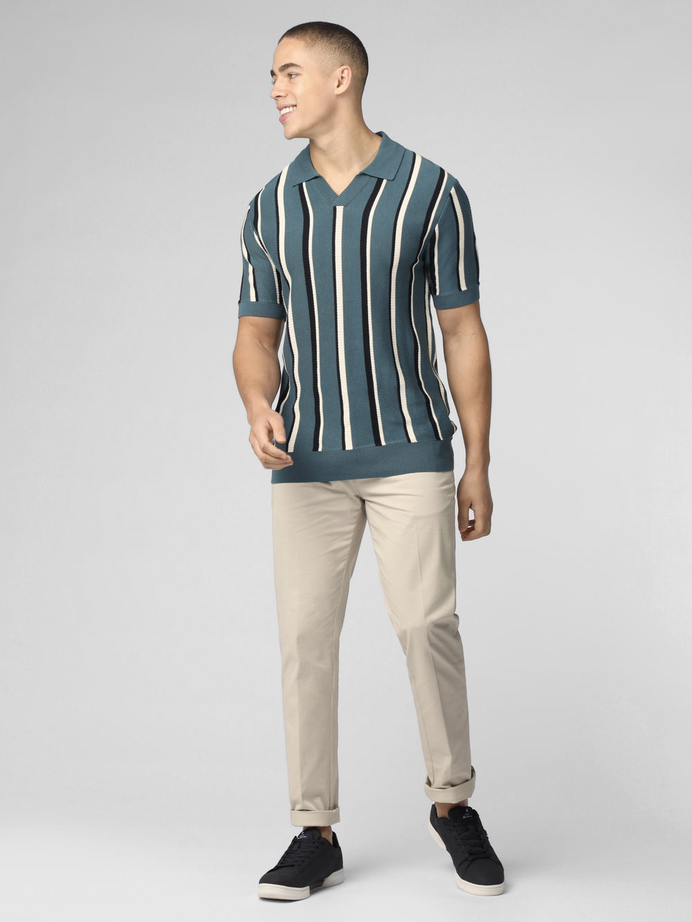 Turquoise Ben Sherman Signature Vertical Stripe Open Neck Polo Knitwear | 3146-MQPVI