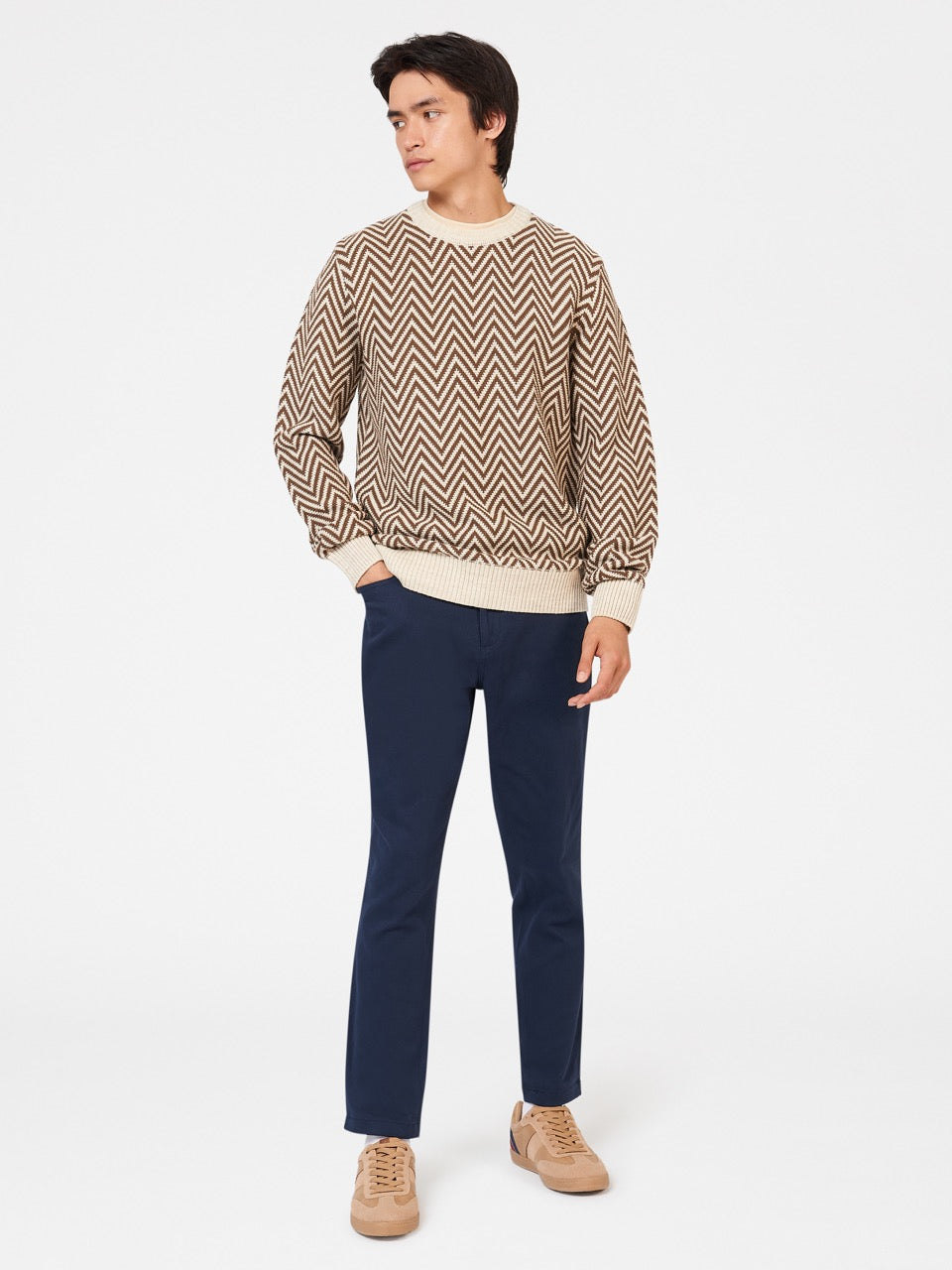 White Ben Sherman Chevron Jacquard Crewneck Knitwear | 1498-TWSEZ