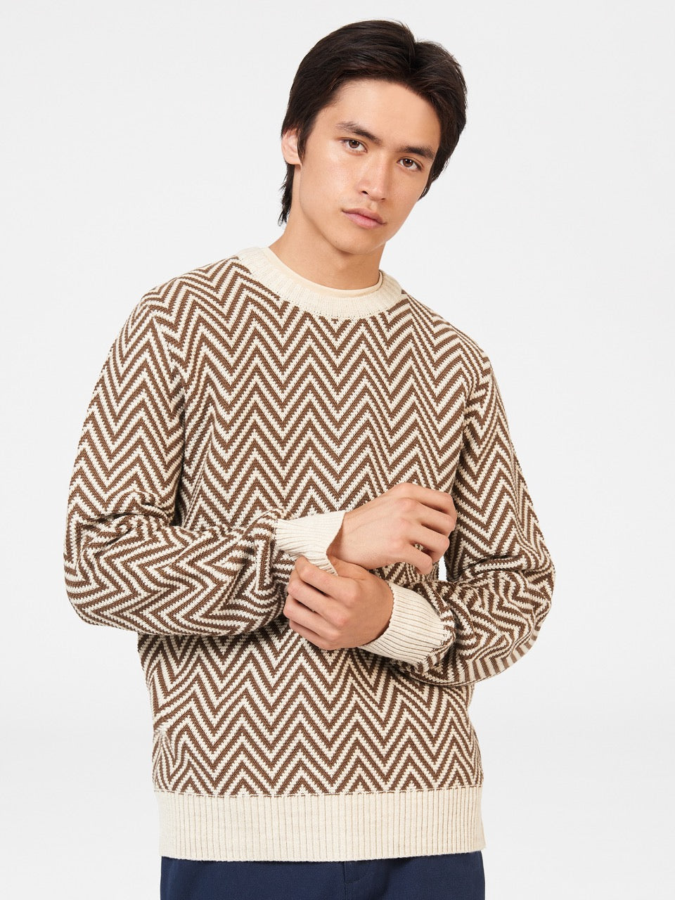 White Ben Sherman Chevron Jacquard Crewneck Knitwear | 1498-TWSEZ